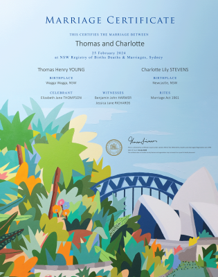 A commemorative marriage certificate design by Bruno Mota featuring an illustration of the view of Sydney Harbour from the Royal Botanic Gardens. 