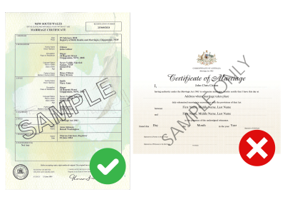 An image of a sample official and ceremonial marriage certificates, showing the difference between the two.