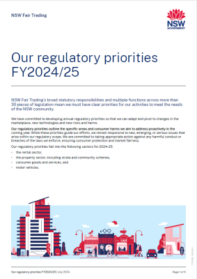 A snapshot of a document which reads 'NSW Fair Trading OUr regulatory priorities FY 2024/25'