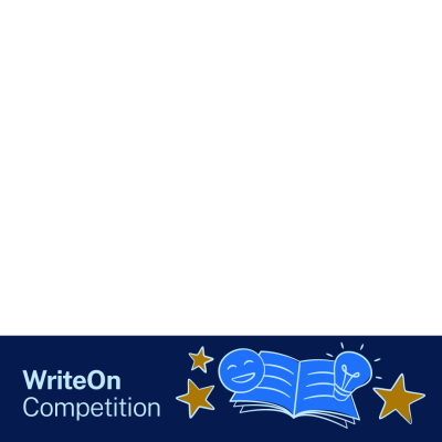 A blue graphic with icons of an open book, a smiley face, and light bulb. Text says 'WriteOn Competition'