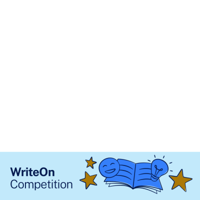 A blue graphic with icons of an open book, a smiley face, gold stars and a light bulb. Text says 'WriteOn Competition'