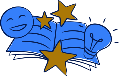 A blue graphic with icons of an open book, a smiley face, and light bulb. 