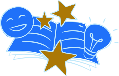 A blue graphic with icons of an open book, a smiley face, and light bulb. 