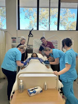 Participants in the WNSWLHD Enrolled Nurse Cadetship program, using the nursing simulation training tool