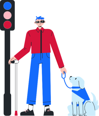 Illustration of person with short hair carrying a white cane and wearing dark glasses standing at traffic lights with a guide dog