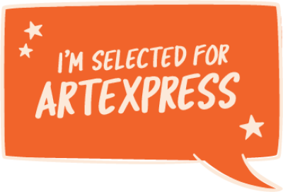 An orange speech bubble illustration for ARTEXPRESS showcase selection