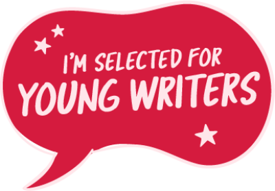 A red speech bubble graphic for Young Writers showcase selection