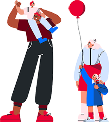 Illustration of father carrying his child on his shoulders and mother with a child holding a red balloon