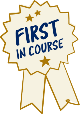 A gold-shaded illustrative sticker of a ribbon medal with 'First in Course' written inside, with three dark gold stars around it.