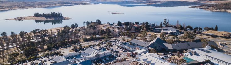 Aerial view over Jindabyne near lake