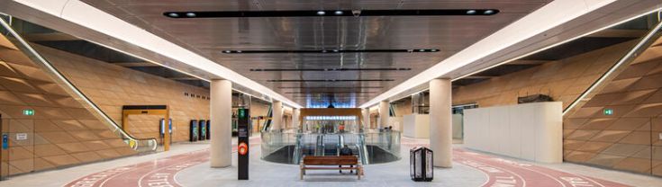 Circular text printed path wraps floor inside Central Station