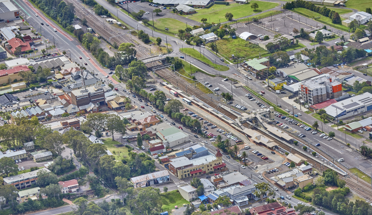 Aerial image of Pacific Highway through Wyong Town Centre looking north