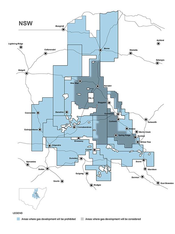 Map showing where gas development is allowed and where prohibited