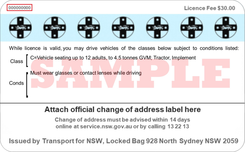 Back of a sample licence card showing the stock number