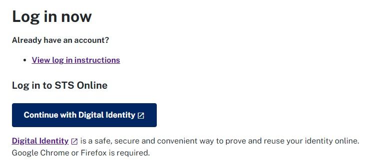 STS Online log in button which reads Continue with Digital Identity