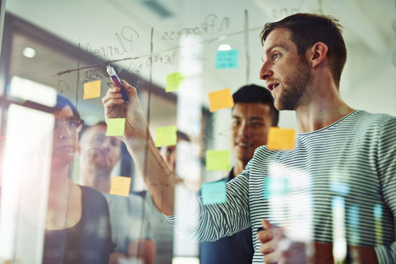 Team in front of glass wall, with post it's and marker