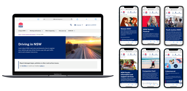 snapshot of several nsw.gov.au pages, showing consistent design.