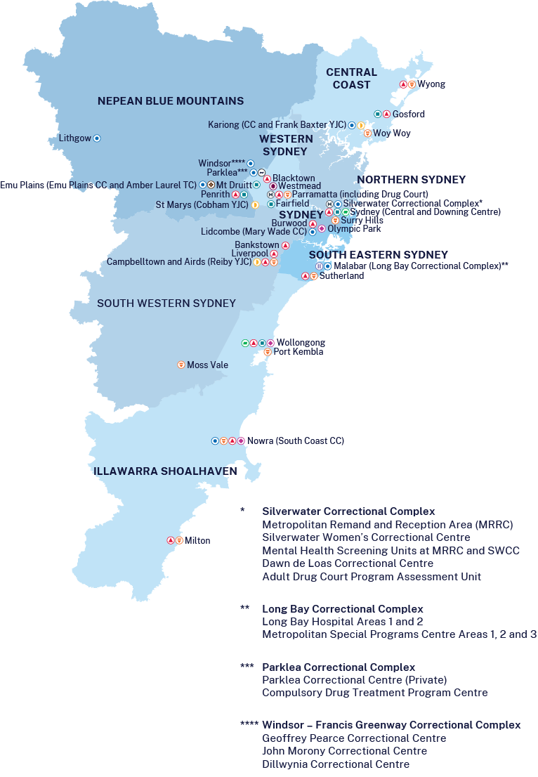 Map of Justice Health NSW locations - Metropolitan