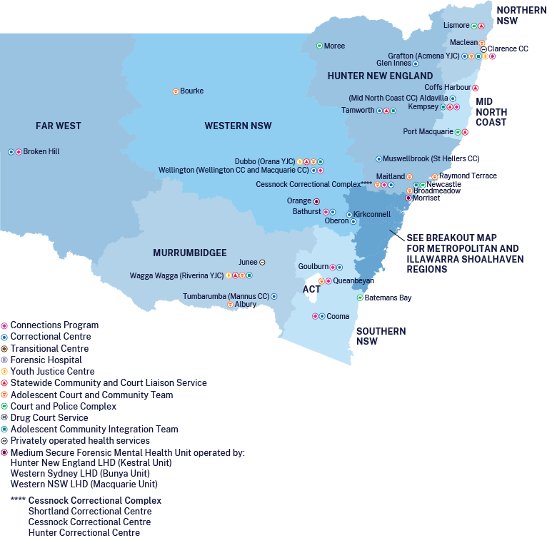 Map of Justice Health NSW locations - Regional and rural