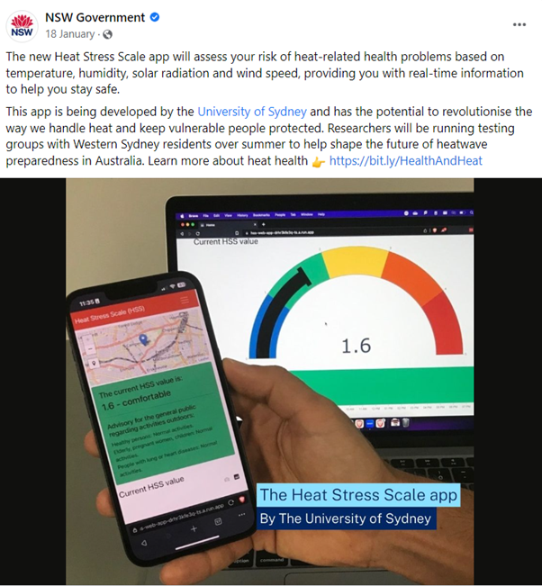 A heat stress scale on an NSW gov linked in post