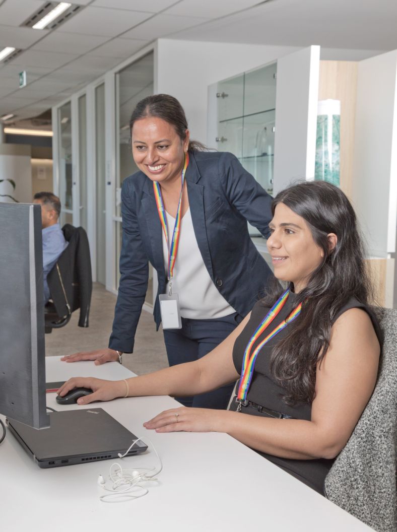 Two colleagues looking at computer in office