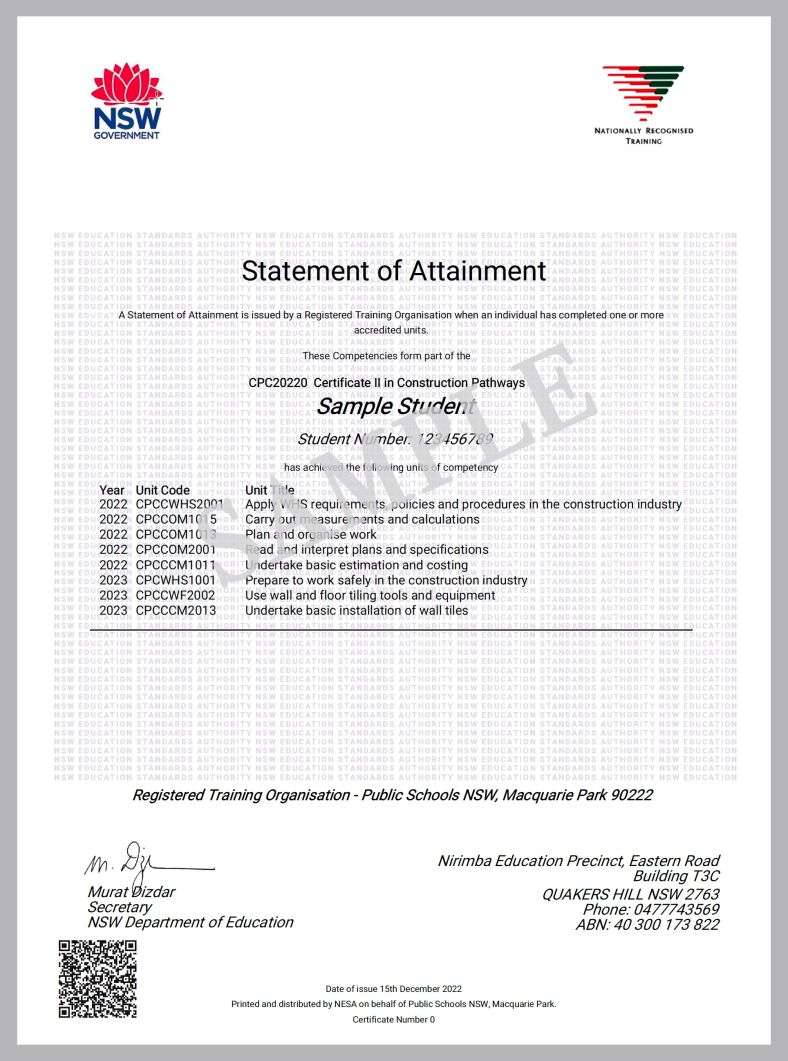 VET Statement of Attainment (sample)