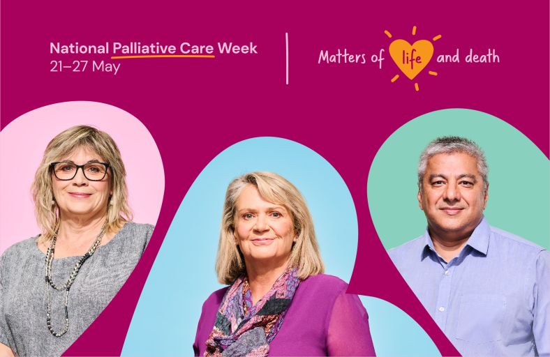 Website banner image promoting 2023 National Palliative Care Week. The theme 'Matter of life and death' with the images of 2 women and 1 man against a dark pink background.