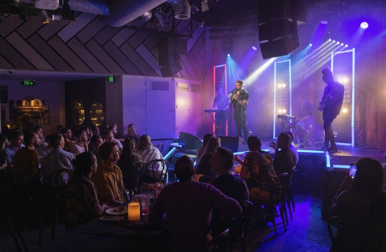 Wide shot of crowd listening to singer on stage