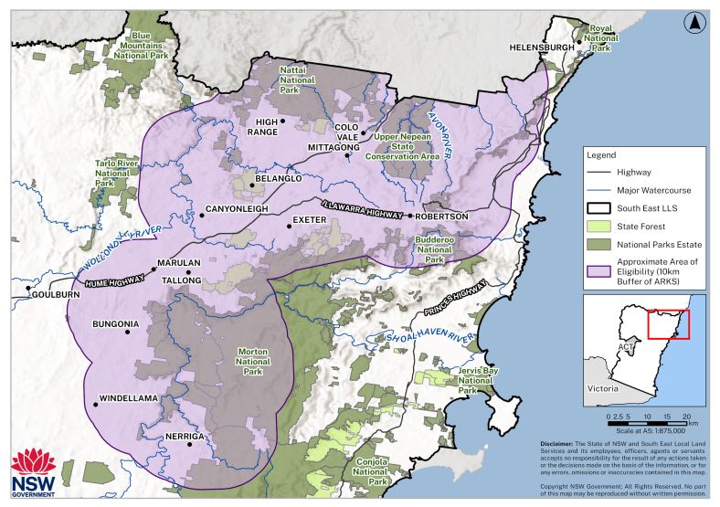 Map of the area of eligibility for the Southern Highlands and Bungonia Area of Regional Koala Significance