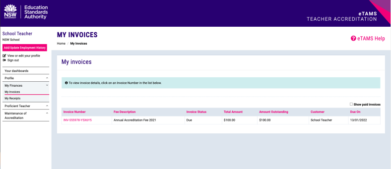 TA fee direct debit sample page