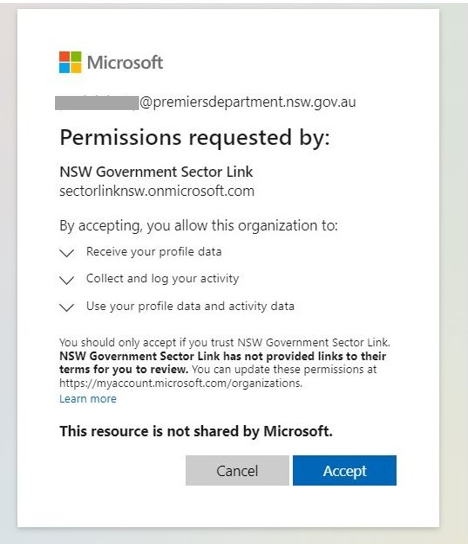 Screenshot of Sector Link permissions requested with an accept and cancel button