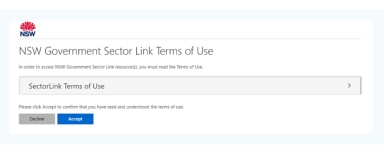 Screenshot of Sector Link Terms of Use with an accept and decline button