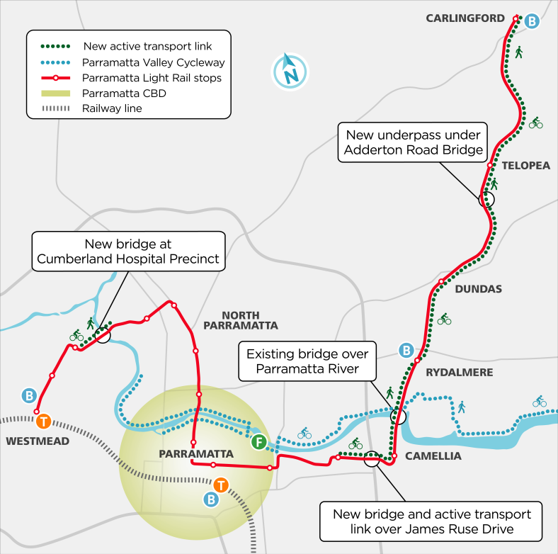 This map shows the shared paths to be delivered as part of the Parramatta Light Rail project.