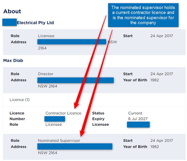 Screenshot of NSW Fair Trading page checking details for a company that who holds a contractor licence for the regulated trade. 