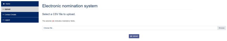 Example upload csv screen for the Revenue eNominations portal
