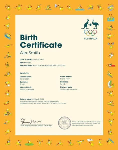 A decorative birth certificate. A yellow border displays kangaroos playing different sports.