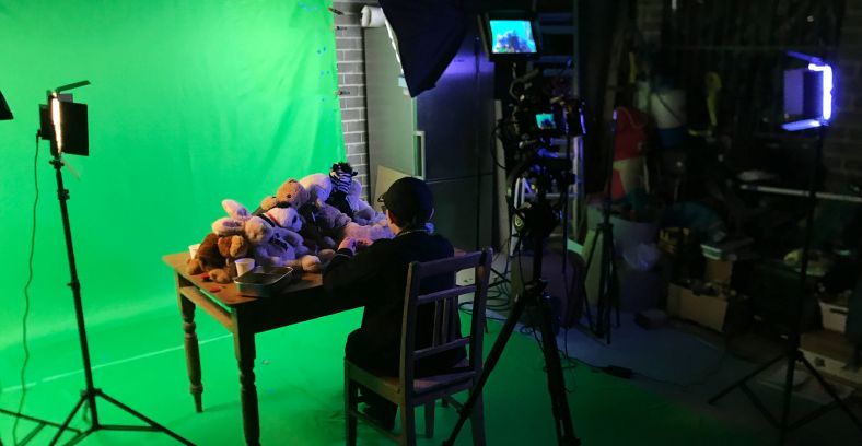 Image of Harvey Abrahams making the Substratum video drama on a green screen