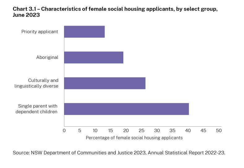 Chart 3.1 – Characteristics of female social housing applicants, by select group,   June 2023 