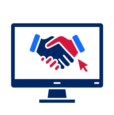 Shaking hands on a computer to indicate that you can find information about agreements online.