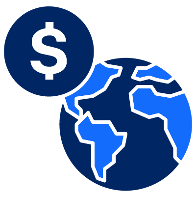 An icon of a globe with a dollar sign above it.