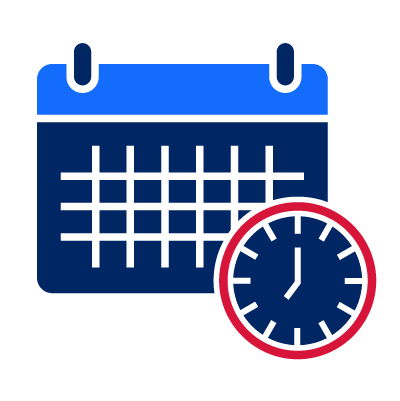 A calendar and clock to indicate that opening times are Monday to Friday, 7am to 7pm.