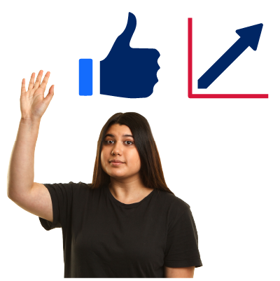 An image of a person with their hand raised to share feedback.