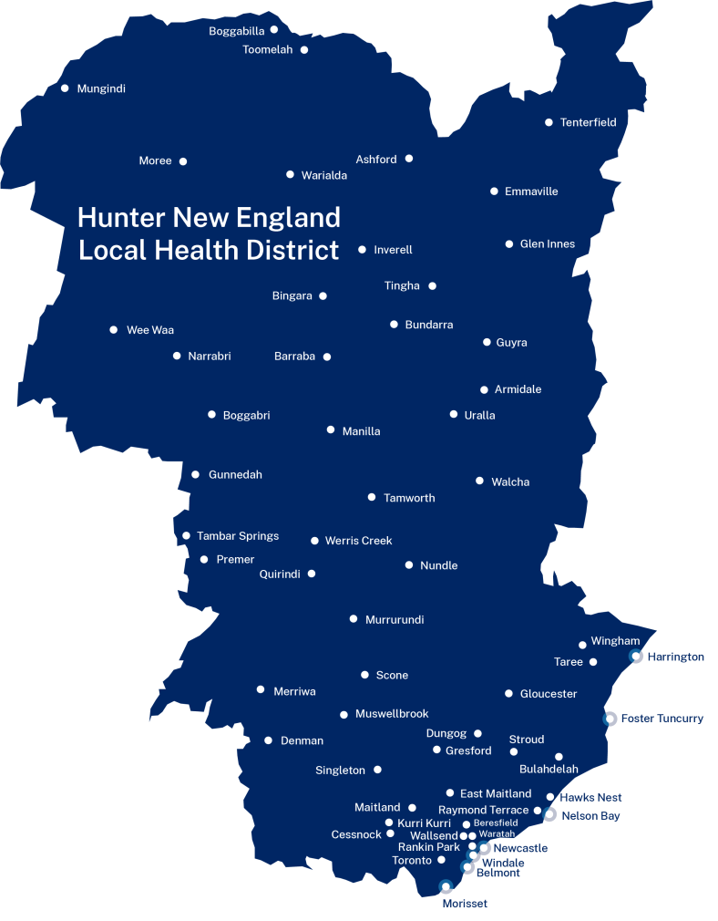 A map of Hunter New England LHD's health facilities marked in white dots on top of a dark blue outline of the Hunter New England area in NSW