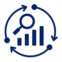 Pictograms of a bar graph with a magnifying glass, surrounded by 3 arrows making up a circle shape