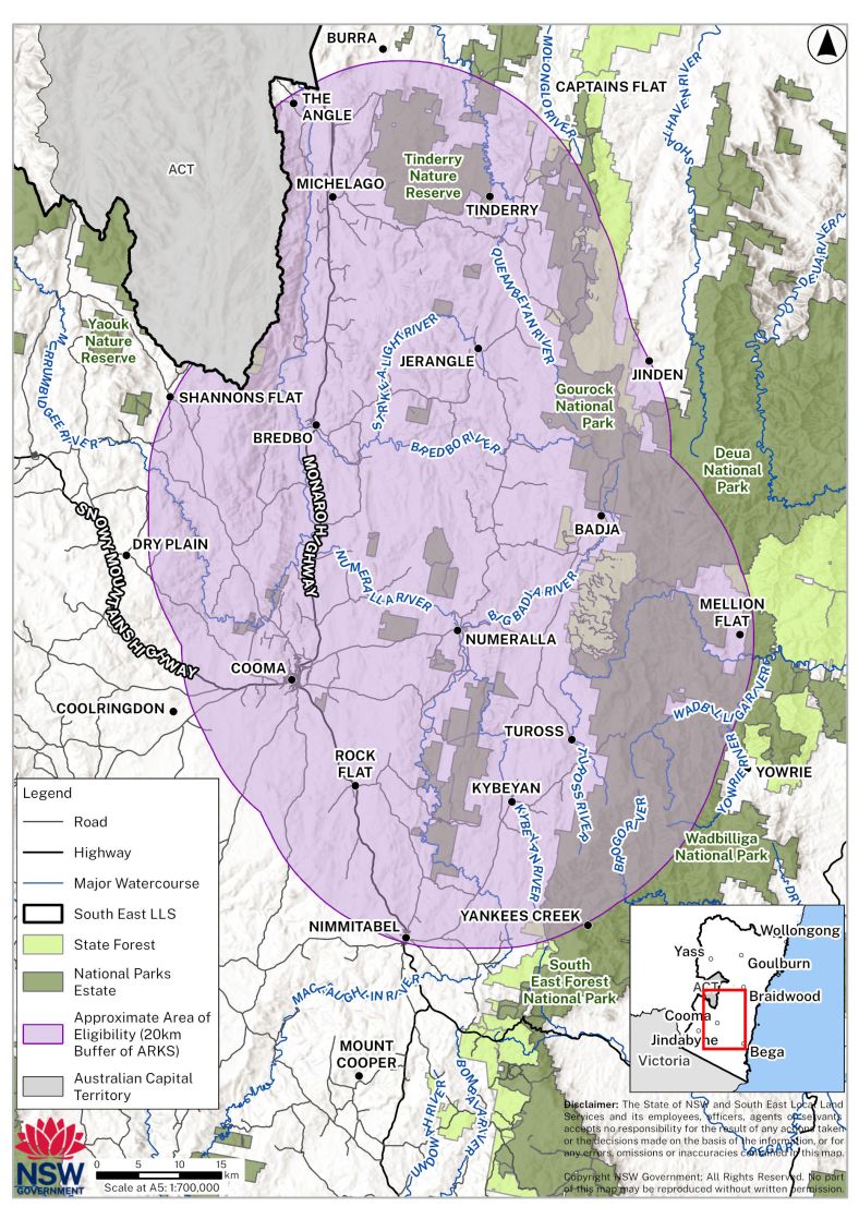 Map of the eligibility area of the 20km buffer around the Southern Tablelands Area of Regional Koala Significance