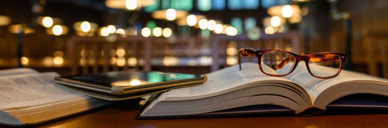 an open book and a pair of reading glasses placed on a desk