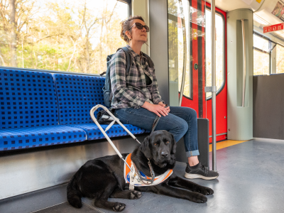 Blind women with black guide dog on train