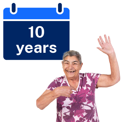 Elderly women over 21 years old holding hand up with 10 years sign