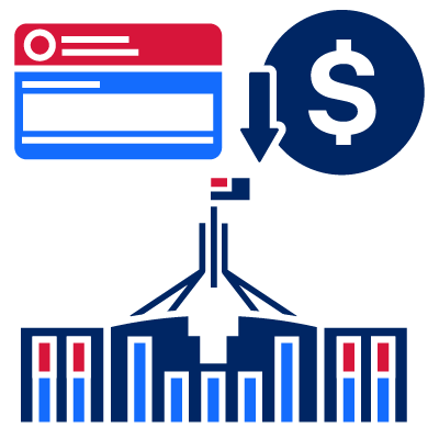 Government building and concession card and dollar sign