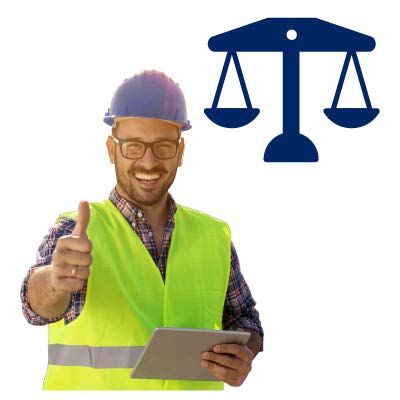 Man wearing PPE with thumbs up and the scales of justice